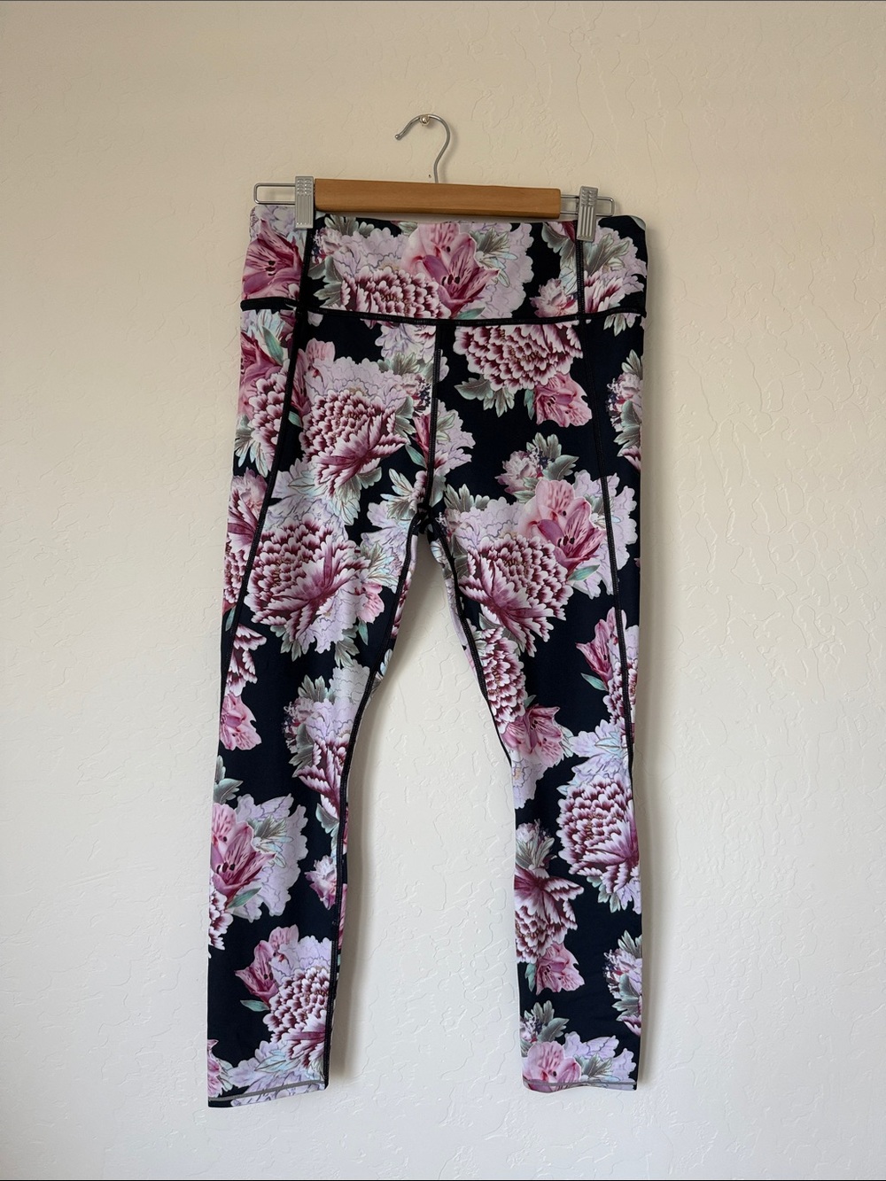 Athleta Black Leggings with Pink Floral Print